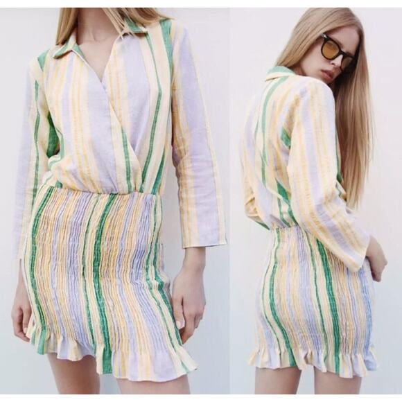 Zara The Valery Dress Multicolor Pastel Smocked Striped Mini Dress Size L - Picture 1 of 4